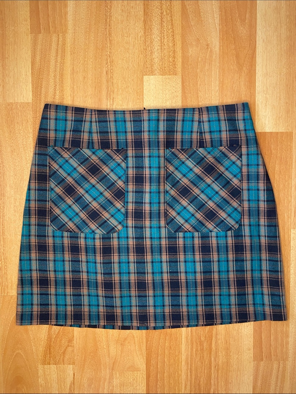 Honey Punch Teal and Tan Plaid Mini Skirt with Front Pockets